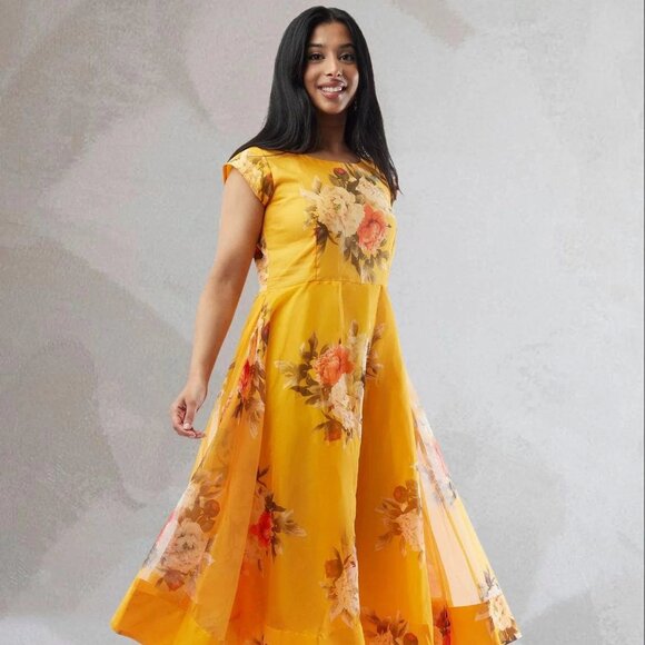 Floral Print Yellow Organza Below-Knee Dress | Muvvas Boutique - Picture 1 of 5